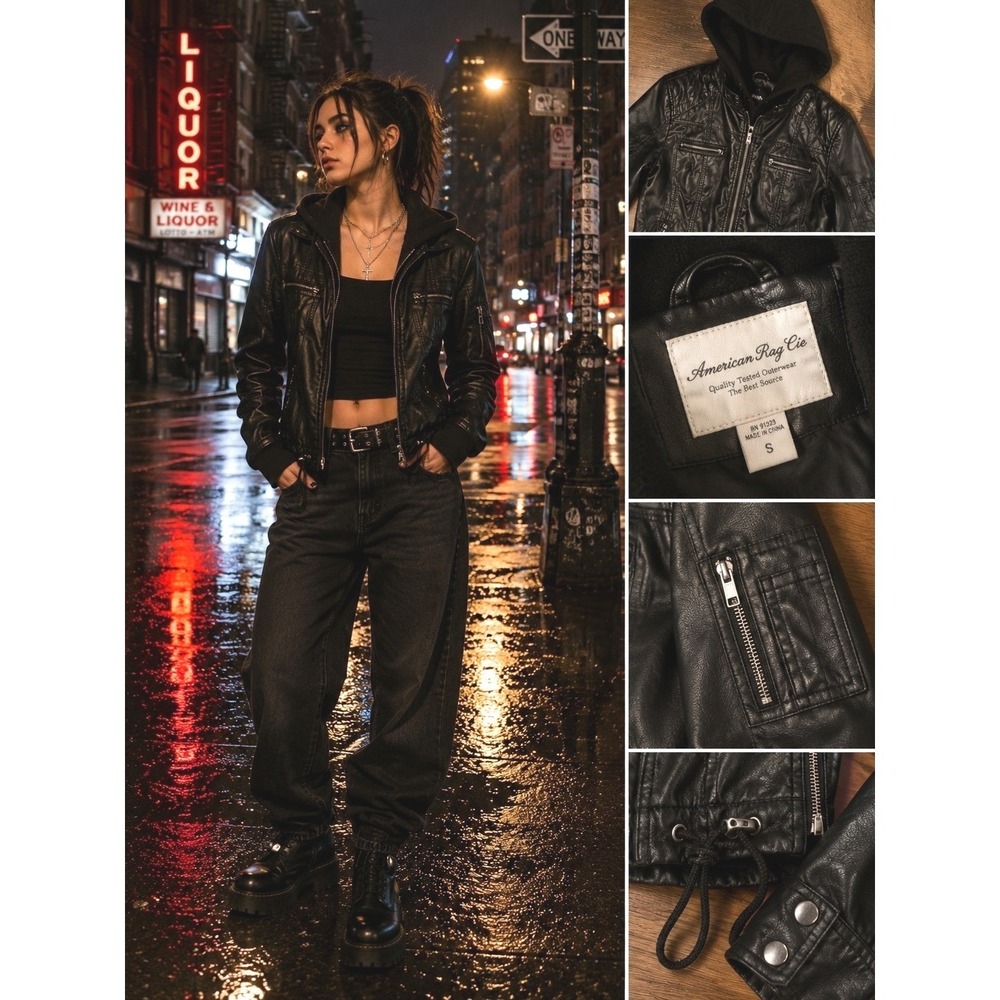 Womens Black Faux Leather Moto Biker Jacket Hooded Small Indiesleaze Grunge